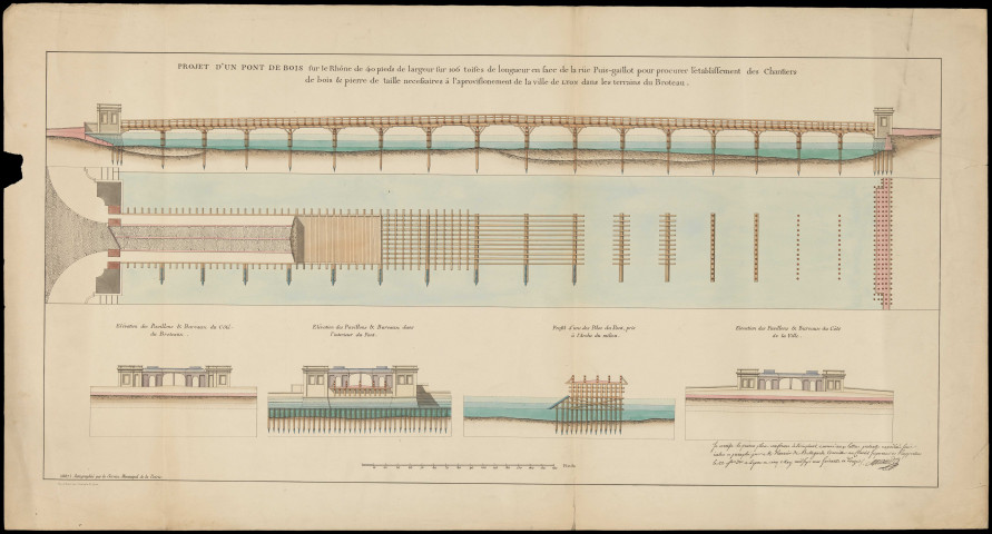 Projet d'un pont de bois sur le Rhône : élévations et profils.