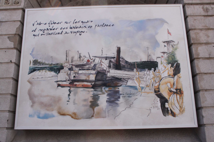 Fresque du centenaire, "J'aime flâner sur les quais et regarder ces bateaux en partance qui m'invitent au voyage".
