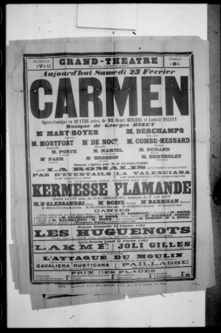Carmen : opéra-comique en quatre actes. Compositeur : Georges Bizet. Auteurs du livret : Henri Meilhac et Ludovic Halévy.