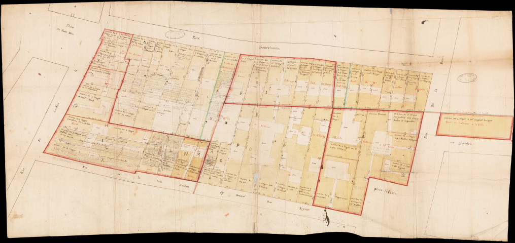 Plan en surface des propriétés appartenant à l'Hôtel-Dieu situées entre la rue de la Barre, la rue Bourgchanin, la rue Confort et la rue Belle Cordière et sur lesquelles un contrat de rente a été établi.