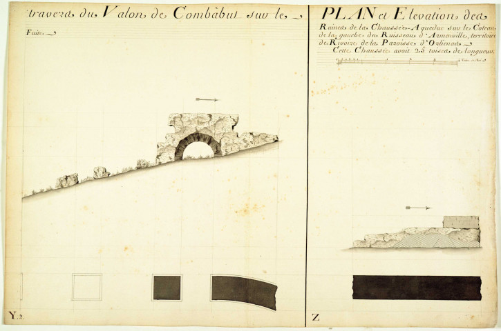 Plan et élévation des ruines du pont-chaussée-aqueduc et des ruines de la chaussée-aqueduc du territoire de Rivoire.