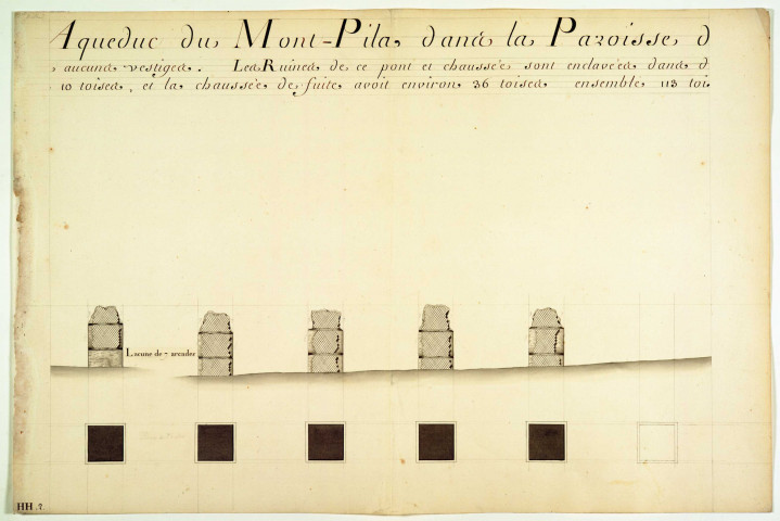Plan et élévation des ruines du pont-aqueduc du Mont-Pilat dans la paroisse de Sainte-Foy.