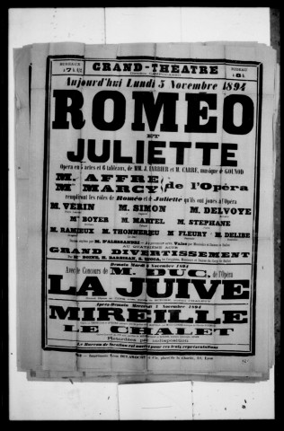 Roméo et Juliette : opéra en cinq actes et six tableaux. Compositeur : Charles Gounod. Auteurs du livret : Michel Carré et Jules Barbier.