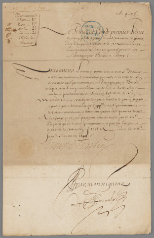Passeport pour les blés destinés à la Charité : autorisation donnée par Henri III, prince de Condé, gouverneur de Bourgogne