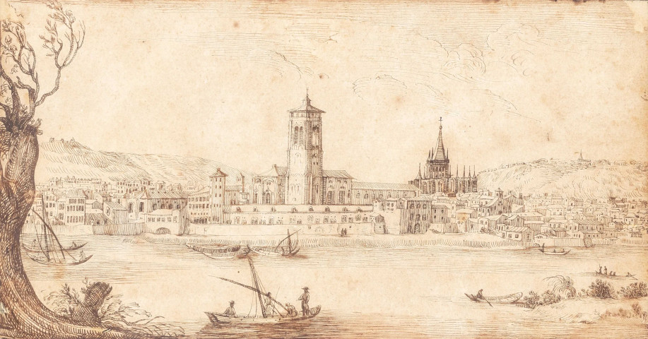 [Veuë de l'Eglise des Cordeliers, et d'une partie de la Ville de Lion sur le Rosne]. Au dos : [Groupe de maisons et enclos].