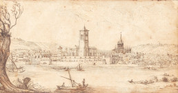 [Veuë de l'Eglise des Cordeliers, et d'une partie de la Ville de Lion sur le Rosne]. Au dos : [Groupe de maisons et enclos].
