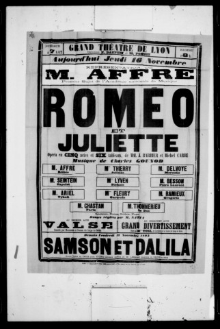 Roméo et Juliette : opéra en cinq actes et six tableaux. Compositeur : Charles Gounod. Auteurs du livret : Michel Carré et Jules Barbier.