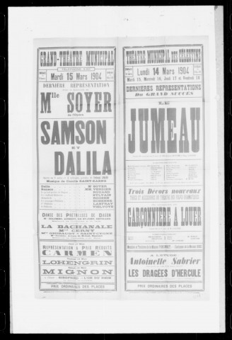 Samson et Dalila : opéra en trois actes et quatre tableaux. Compositeur : Camille Saint-Saëns. Auteur du livret : Ferdinand Lemaire. (Grand-Théâtre).