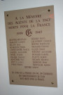 Plaque en mémoire des agents de la SNCF morts pour la France.
