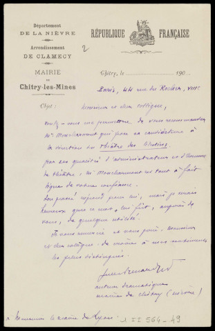 Lettre de recommandation de Jules Renard adressée à Edouard Herriot concernant la candidature de Charles Moncharmont à la direction du théâtre des Célestins [vers 1905-1906].