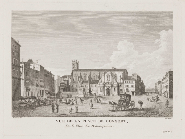 Vue de la place de Consort, dite la place des Dominiquains ; vue de la place des Cordeliers, et de la colonne sur laquelle est représentée la Gnomonique.