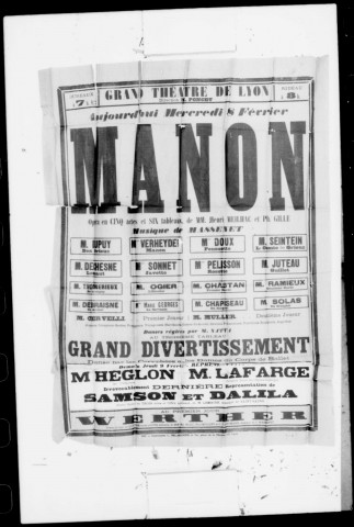 Manon : opéra en cinq actes et six tableaux. Compositeur : Jules Massenet. Auteurs du livret : Henri Meilhac et Philippe Gille.