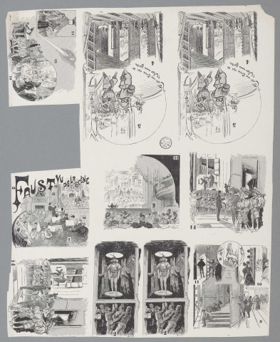 1. Faust vu de la scène pendant la kermesse ; 2. Les dessous : fonctionnement d'une trappe (2 ex.) ; 4. Les coulisses pendant le 2e acte côté cour (2 ex.) ; 5. Pendant le chœur : "C'est une croix qui de l'enfer nous garde" (2 ex.) ; 8. Silhouette de Marguerite au rouet ; 9. Dilettanti des coulisses (duo d'amour) ; 10. "La voisine est un peu mûre" ; 14. Choeur dans la coulisse pendant l'acte de l'église : l'orgue (2 ex.) ; 15. L'escalier : danseuses se frisant au bec de gaz ; 18. Rentrée dans la coulisse de la première danseuse pendant le ballet ; 19. La lune de la nuit du Valpurgis ; 21. Le ballet vu de la salle.