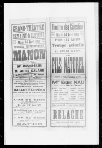 Manon : opéra-comique en cinq actes et six tableaux. Compositeur : Jules Massenet. Auteurs du livret : Henri Meilhac et Ph. Gilles. (Grand-Théâtre).