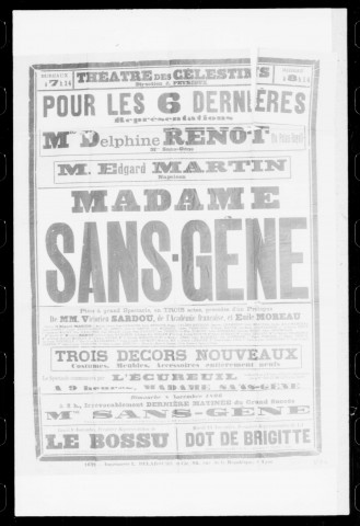 Madame Sans-Gêne : pièce à grand spectacle en trois actes précédés d'un prologue. Auteurs : Victorien Sardou et Emile Moreau.