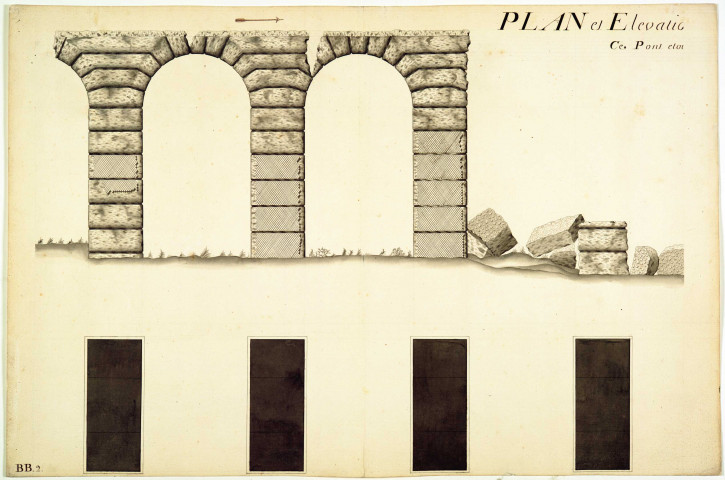 Plan et élévation des ruines du pont à siphons du Mont-Pilat.