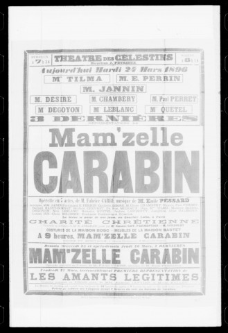 Mam'zelle Carabin : opérette en trois actes. Compositeur : Emile Pessard. Auteur du livret : Fabrice Carré.