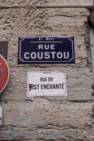 Rue Coustou rebaptisée rue du fist enchanté, collage.