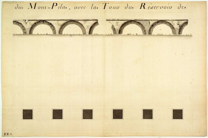 Plan et élévation de la chaussée et du pont-aqueduc du Mont-Pilat avec la tour du réservoir de chasse et la rampe des siphons situés dans la paroisse de Chaponost.