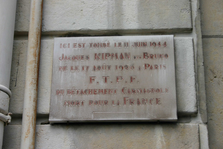 Plaque en mémoire de Jacques Kipman dit "Bruno".