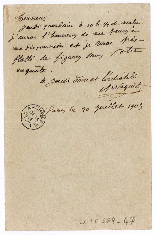 Billet d'Alfred Naquet adressé au journaliste et écrivain Paul Gsell, le 20 juillet 1903.
