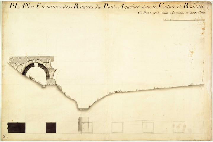 Plan et élévation des ruines du pont-aqueduc sur le vallon et ruisseau de Fondagny.