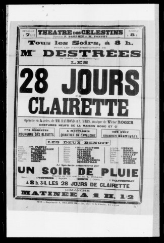 Vingt-huit jours de Clairette (Les) : opérette en quatre actes. Compositeur : Victor Roger. Auteurs du livret : Raymond et Antony Mars.