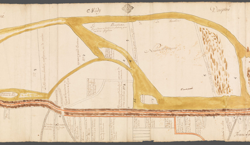 Plan en surface des îles Lambert et Vassieux allant du chemin public tendant de Lyon à Miribel et Montluel au brotteau de la Tête d'Or et exécuté par le sieur Peyronnet.