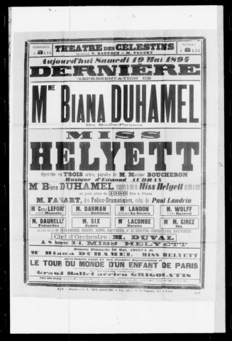 Miss Helyett : opérette en trois actes. Compositeur : Edmond Audran. Auteur du livret : Maxime Boucheron.