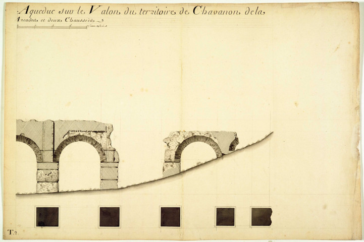 Plan et élévation des ruines du pont-chaussées-aqueduc sur le vallon du territoire de Chavanon.
