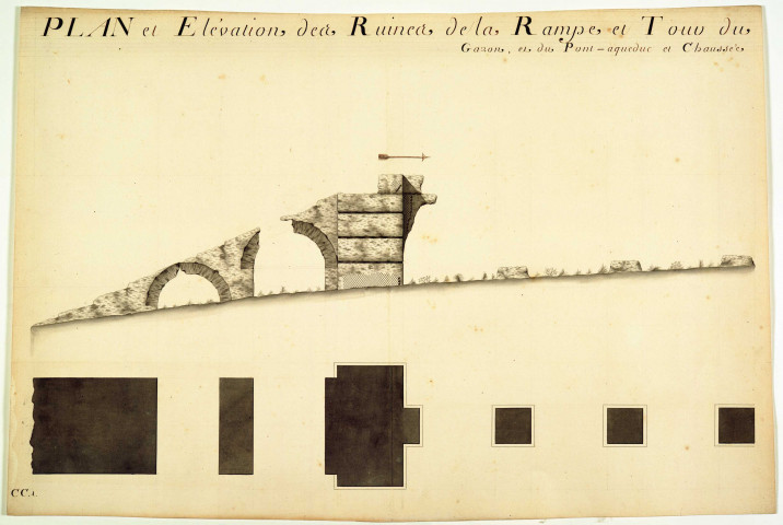Plan et élévation des ruines de la rampe et tour du réservoir de fuite des siphons de la conduite du Mont-Pilat.