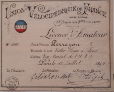 Licence d'amateur établie au nom de Victor Perreyon, 12 juillet 1894, 374II/5.