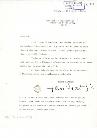 Offre de son illustration de l'oeuvre de Henry de Montherlant "Pasiphaé" et communication de l'indisponibilité temporaire de la toile demandée par Jullian.