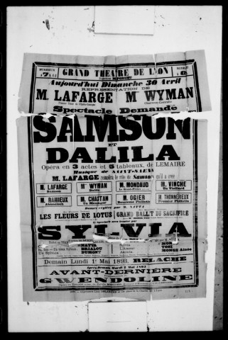 Samson et Dalila : opéra en trois actes et cinq tableaux. Compositeur : Camille Saint-Saëns. Auteur du livret : Ferdinand Lemaire.