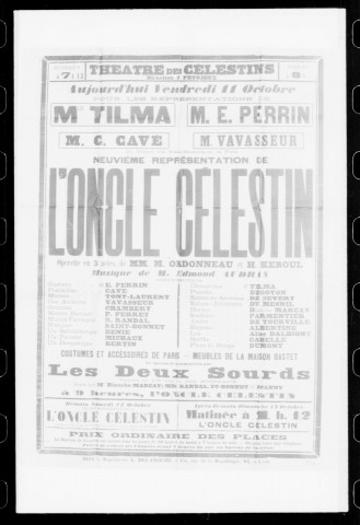 Oncle Célestin (L') : opérette en trois actes. Compositeur : Edmond Audran. Auteurs du livret : Maurice Ordonneau et H. Keroul.