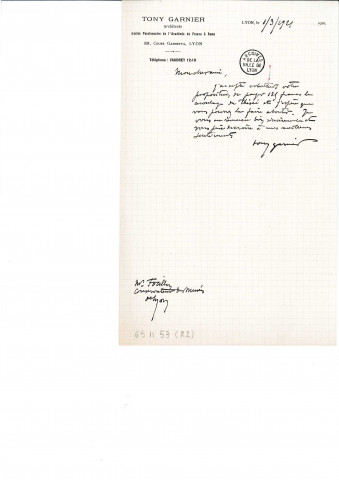 Dans le cadre de l'acquisition d'œuvres par le musée des beaux-arts de Lyon, Tony Garnier répond à Henri Focillon au sujet de la proposition de prix pour le moulage du "Thésée".