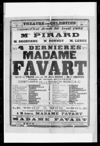 Madame Favart : opérette en trois actes. Compositeur : Jacques Offenbach. Auteurs du livret : Alfred Duru et Henri Chivot.