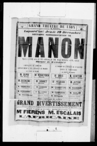 Manon : opéra en cinq actes et six tableaux. Compositeur : Jules Massenet. Auteurs du livret : Henri Meilhac et Philippe Gille.