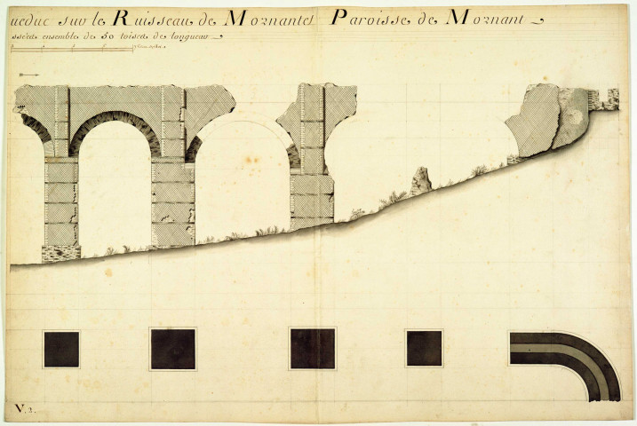 Plan et élévation des ruines du pont-chaussées-aqueduc sur le ruisseau du Mornantet paroisse de Mornant.