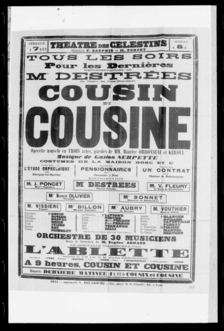 Cousin et cousine : opérette nouvelle en trois actes. Compositeur : Gaston Serpette. Auteurs du livret : Maurice Ordonneau et Keroul.