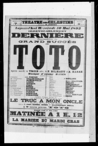 Toto : opérette nouvelle en trois actes. Compositeur : Antoine Banes. Auteurs du livret : P. Bilhaut et A. Barre.