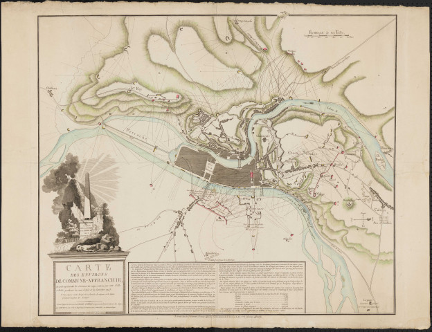 Carte des environs de Commune-Affranchie, où sont représentés les travaux du siège soutenu par cette ville rebelle pendant les mois d'août et de septembre 1793.