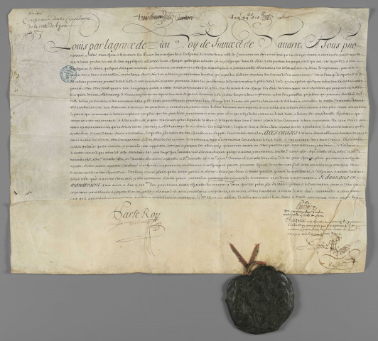 Règlement dressé à l'Hôtel de Ville de Lyon, le 28 novembre 1675, pour la gestion des finances et la conduite des affaires municipales, confirmation et approbation : lettre patente du roi Louis XIV.