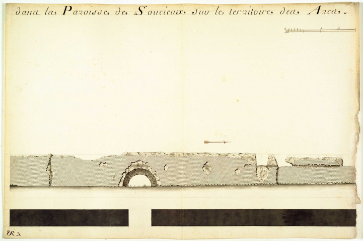 Plan et élévation des ruines de la chaussées-aqueduc du Mont-Pilat située dans la paroisse de Soucieux sur le territoire des Arcs.