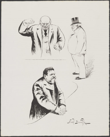 Noël Dorville. Caricatures d'Edouard Aynard et de Jean Jaurès.
