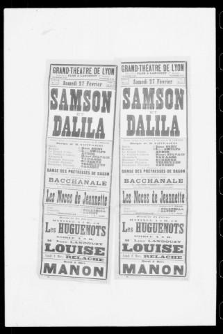 Samson et Dalila : drame lyrique en trois actes et quatre tableaux. Compositeur : Camille Saint-Saëns. Auteur du livret : Ferdinand Lemaire.