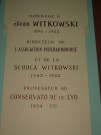 Plaque en l'honneur de Jean Witkowski et de la Schola Witkowski.