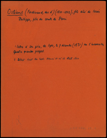 Dossier au nom de Ferdinand, duc d'Orléans.