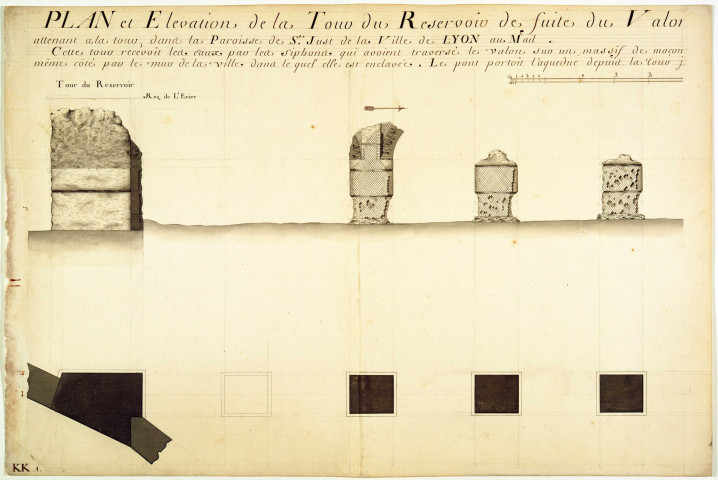 Plan et élévation de la tour du réservoir de fuite de Saint-Irénée et du pont-aqueduc du Mont-Pilat attenant à la tour de la paroisse Saint-Just.