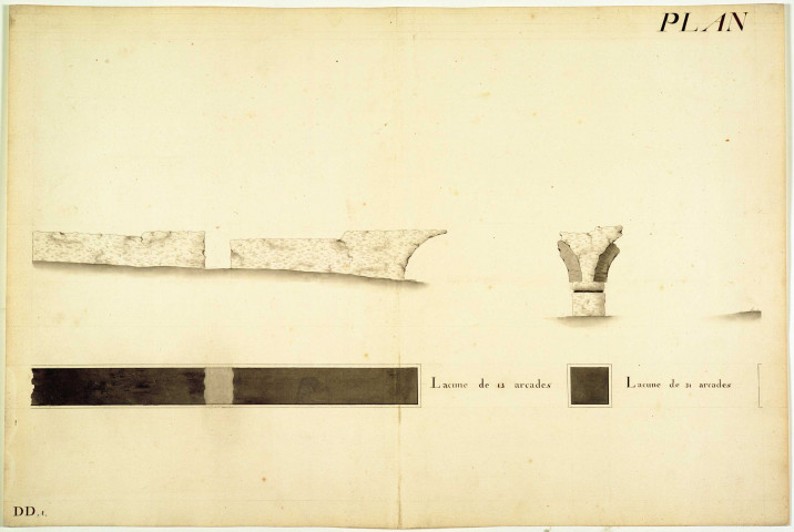 Plan et élévation des ruines de deux ponts et trois chaussées-aqueduc du Mont-Pilat.